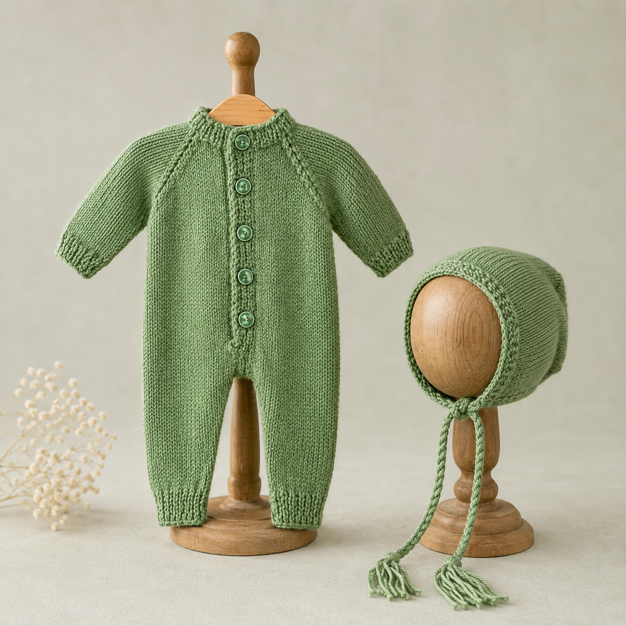 Hand Knitted Newborn Baby Romper & Bonnet Set