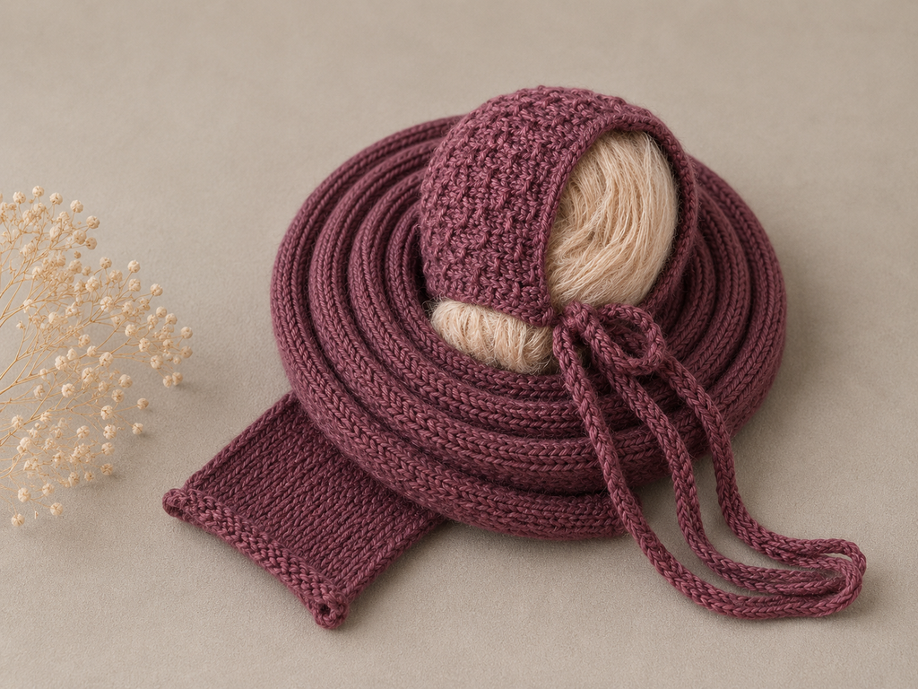 Hand Knitted Newborn Baby Wrap & Bonnet Set